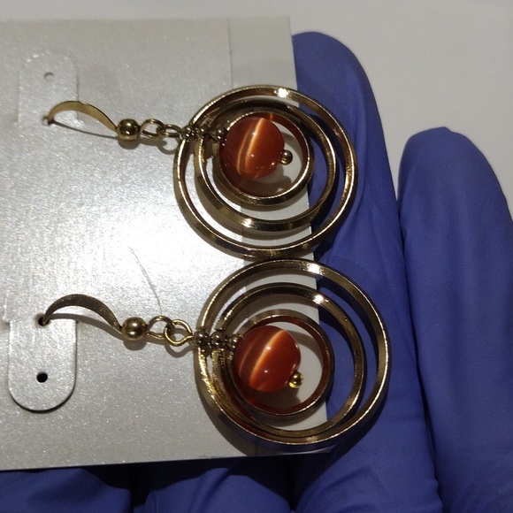 Gold Layered Circle Drop Earrings with Bead Center – Women's Artistic Statement - Picture 8 of 8